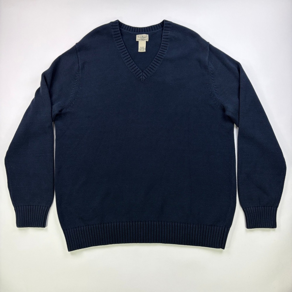 LL Bean V-Neck Cotton Sweater Mens XXL Navy Blue Classic Layering Knit